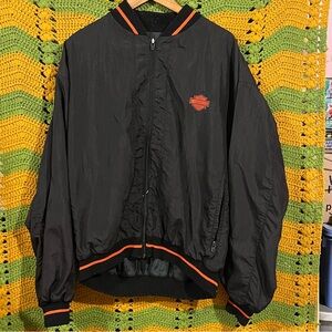 Vintage Harley-Davidson Black Nylon Bomber Jacket Orange Accents USA Made